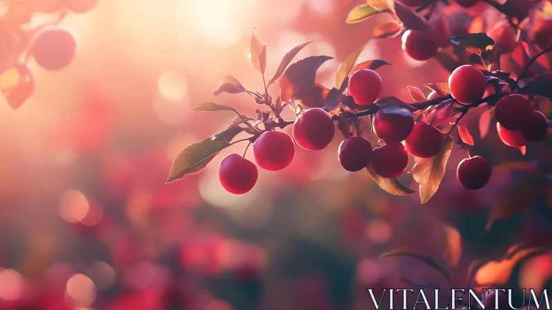 Sunlit cherry branch glowing in dreamy bokeh garden.