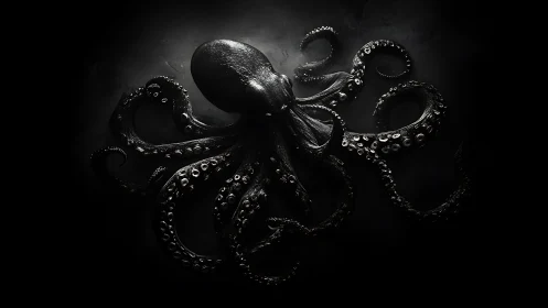 Gleaming black octopus emerges from dramatic shadows.