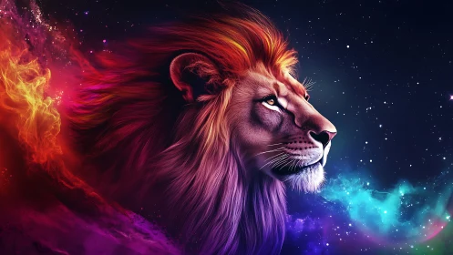 Cosmic lion profile blazes through vivid galactic nebula.