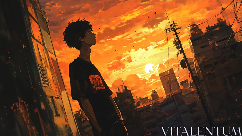 Urban silhouette study under saturated orange atmospheric sunset.