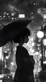 Girl under umbrella pauses in neon city rain at night.