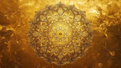 Intricate golden mandala radiates over textured luminous field