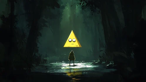 Robed Figure Confronting Triangular Entity in Forest Clearing.
