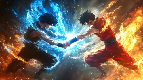 Elemental duel convergence with high-energy opposing auras.