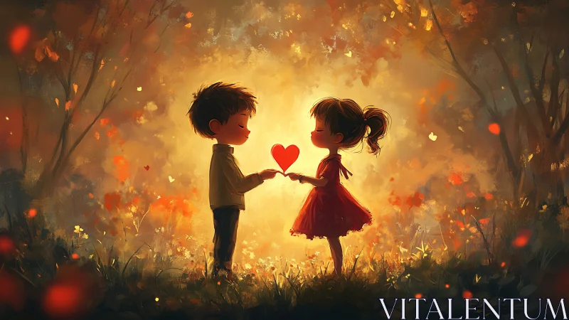 Two children exchange glowing heart in golden autumn forest.
