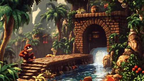 Tropical jungle bridge with cartoon ape by sunlit waterfall.