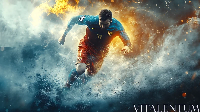 Football player sprinting through smoke and fire effects.