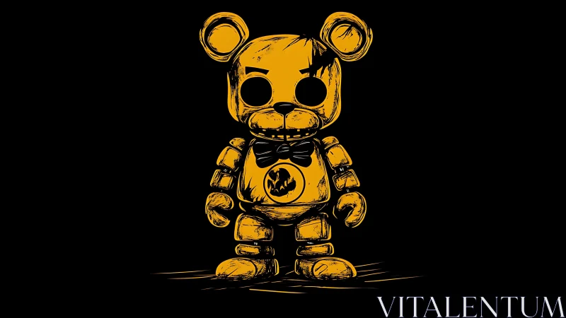 Glowing golden robot bear stands ominously in darkness