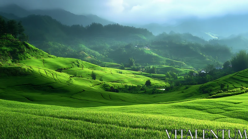 Sunlit green terraces under misty mountain horizon.
