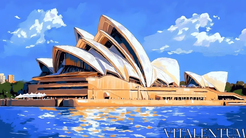 Sunny harbor view of a sail-like waterfront landmark.