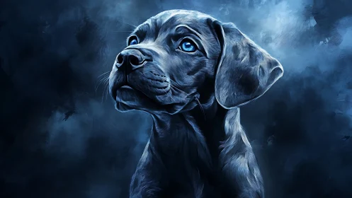 Gentle blue-eyed puppy gazes upward in a dreamy night scene