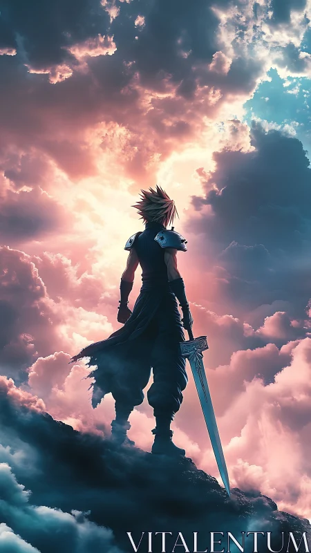 Sword warrior silhouette over luminous storm clouds.