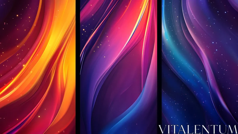 Triptych spectral waveforms with gradient-lit stellar particles.