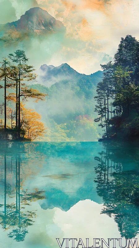 Atmospheric mountain lacustrine mirroring with chromatic haze.