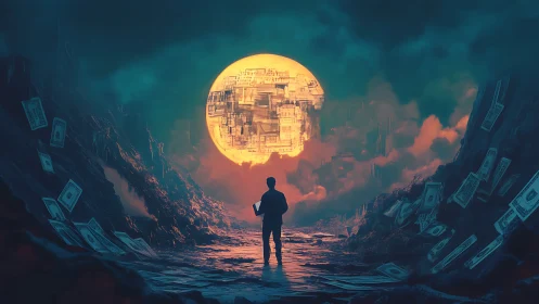 Lone figure faces glowing money moon in surreal canyon.