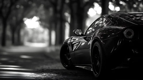 Sleek sports car resting quietly on a sunlit forest road.