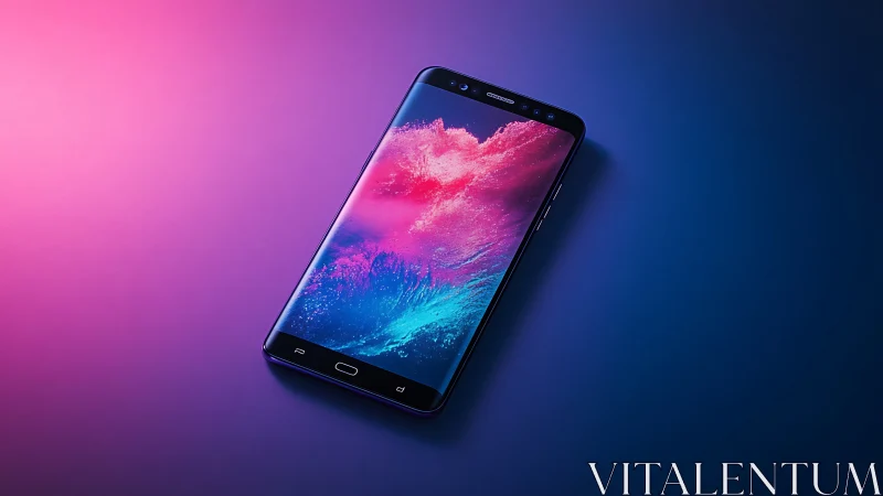 Modern smartphone displays vibrant gradient digital art wallpaper.