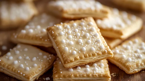 Pearl-topped shortbread cookies with crimped edges on wooden surface.