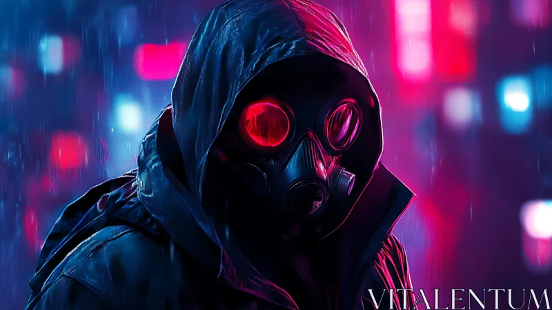 Mysterious hooded wanderer in neon soaked city rain.