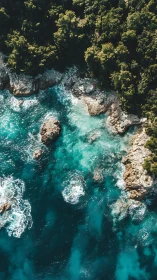 Aerial coastline captures tidal turbulence against rocky forest edge