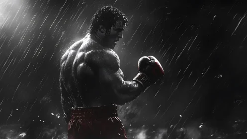 Shirtless Boxer in Rain. Dramatic Athletic Portrait.