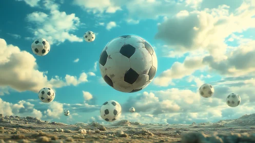 Skyline of drifting footballs over a dream-bright desert field.