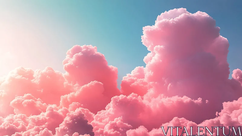 Dreamy pink cumulus clouds glow softly in a pastel sky