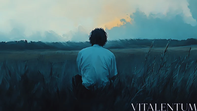 Solitary figure in twilight field under expansive storm sky.