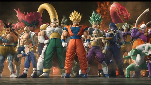 3D-rendered anime fighters lineup under cinematic lighting