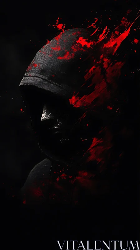 Hooded shadowed figure dissolves into violent red fragments