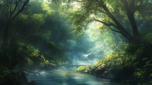 Enchanted Forest River Sanctuary Illuminated by Golden Light.