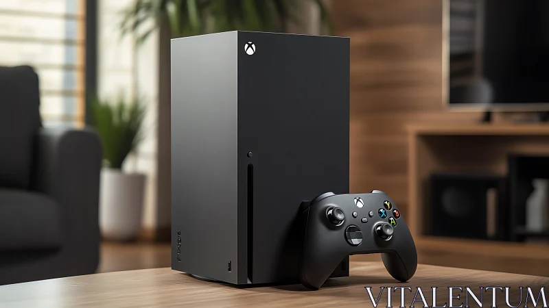 Monolith of play: sleek Xbox console crowned by controller.