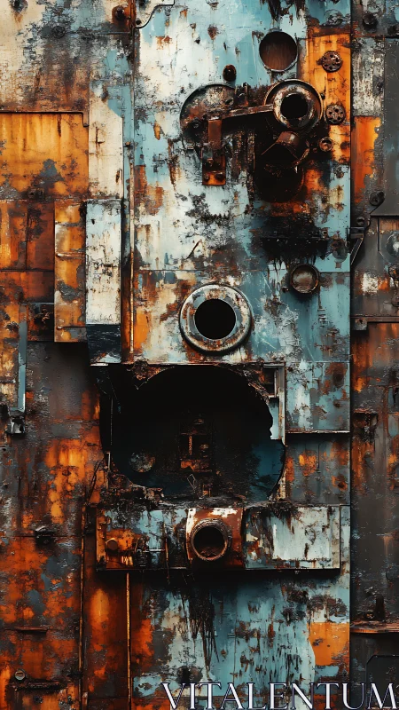 Rust-kissed metal mosaic where time paints the walls.