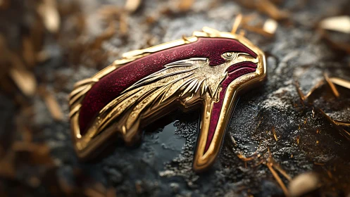 3D metallic raptor emblem on textured, high-gloss surface.