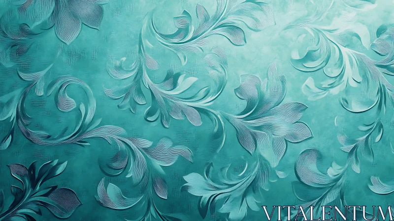 Teal ornamental floral relief pattern with curved leaves.