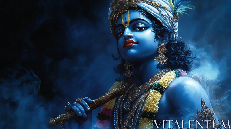 Blue-skinned divine musician holds flute amid swirling blue mist