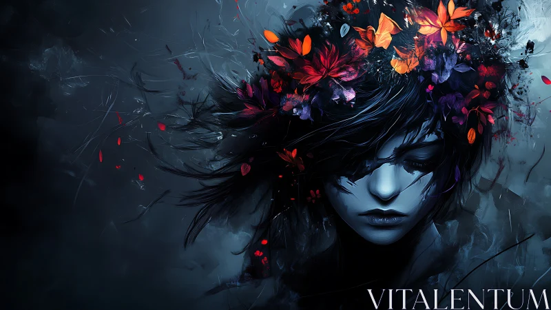 Silent cyan portrait crowned with explosive floral chaos.