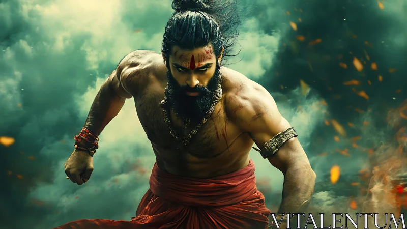 Warrior ascends through ember‑lit smoke in dynamic charge.