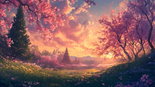 Sunlit spring valley with dense cherry blossoms and volumetric sky