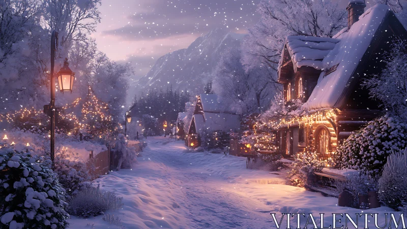 Snow-laden village street rendered with warm emissive lighting and depth