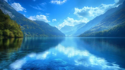 Silent blue lake cradled by sunlit misty mountains.