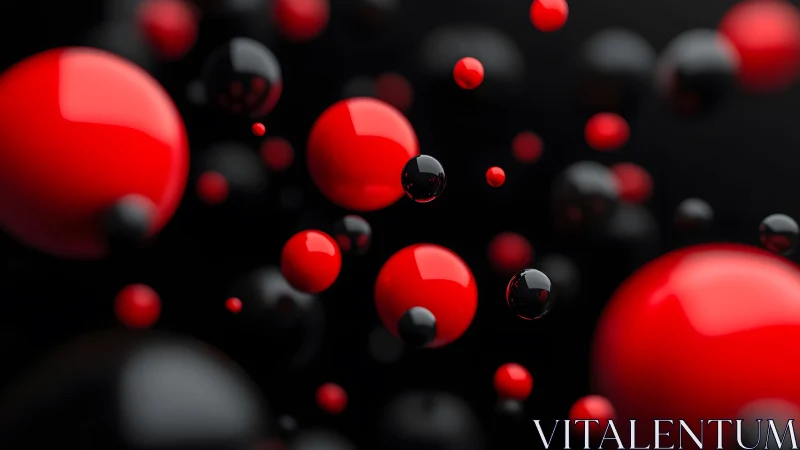 Floating red and black spheres in glossy 3D abstraction.