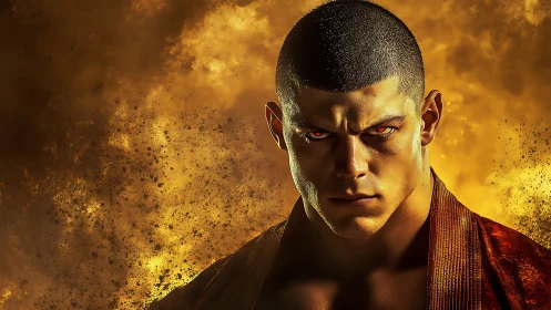 Digital portrait shows muscular male figure before fiery cloud