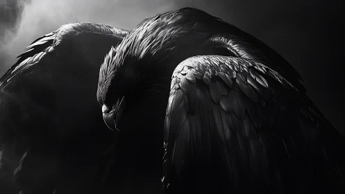 Dark eagle portrait captures powerful wings in moody light