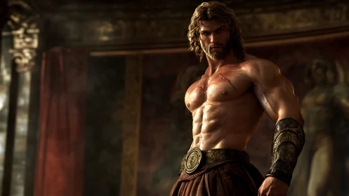 Heroic warrior under warm rim lighting stands in ornate hall