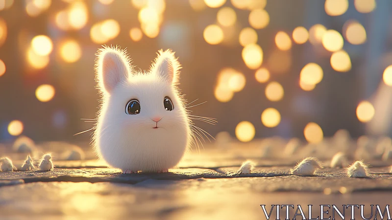 Fluffy white bunny glows under warm city bokeh lights.