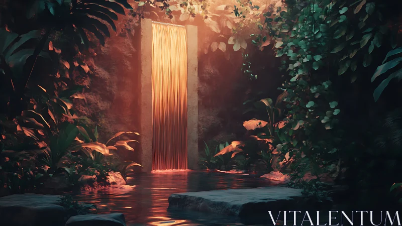 Luminous portal waterfall glows softly in a secluded jungle pool