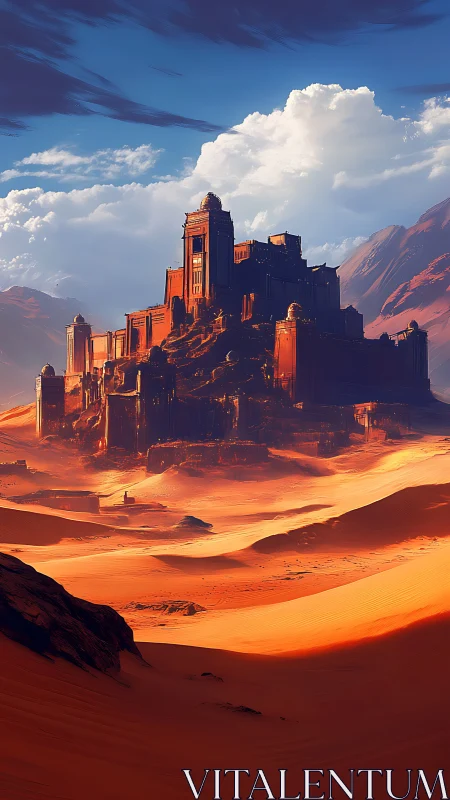 Sunlit desert fortress rising gently from crimson dunes.