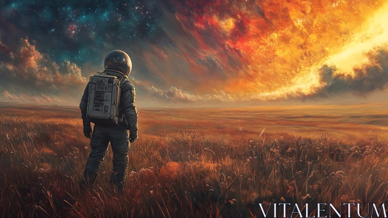 Solitary astronaut surveys burning cosmic sky above field