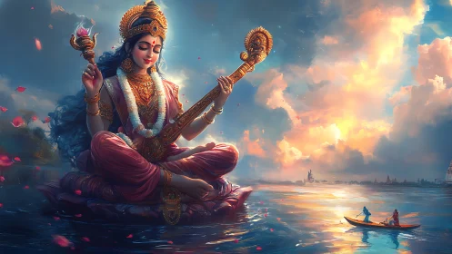 Riverborne goddess of melody cradles a glowing twilight sky.